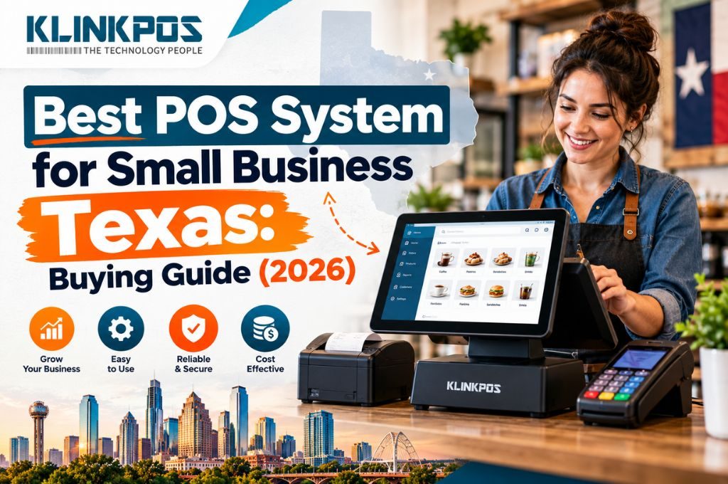 A smiling café owner using a KlinkPOS touchscreen terminal with a receipt printer and card reader, with a Texas flag and the Dallas skyline