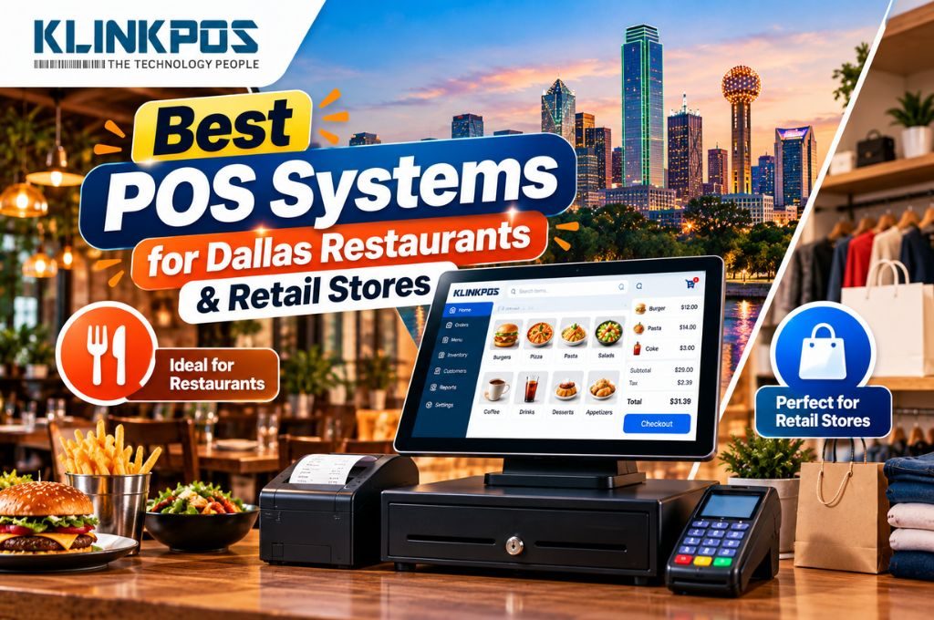 A KlinkPOS terminal, cash drawer and card reader on a counter between a Dallas restaurant table and a retail clothing display, with the Dallas skyline at dusk