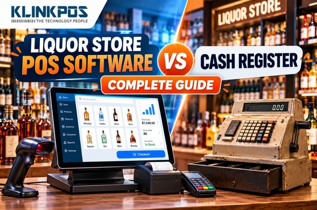 A modern liquor store POS terminal with barcode scanner and card reader beside a vintage mechanical cash register in a liquor store