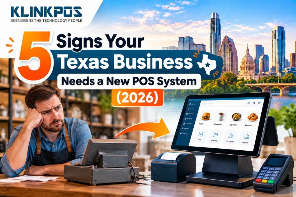 A frustrated shop owner beside an old cash register, next to a modern KlinkPOS touchscreen terminal, receipt printer and card reader, with the Austin skyline behind