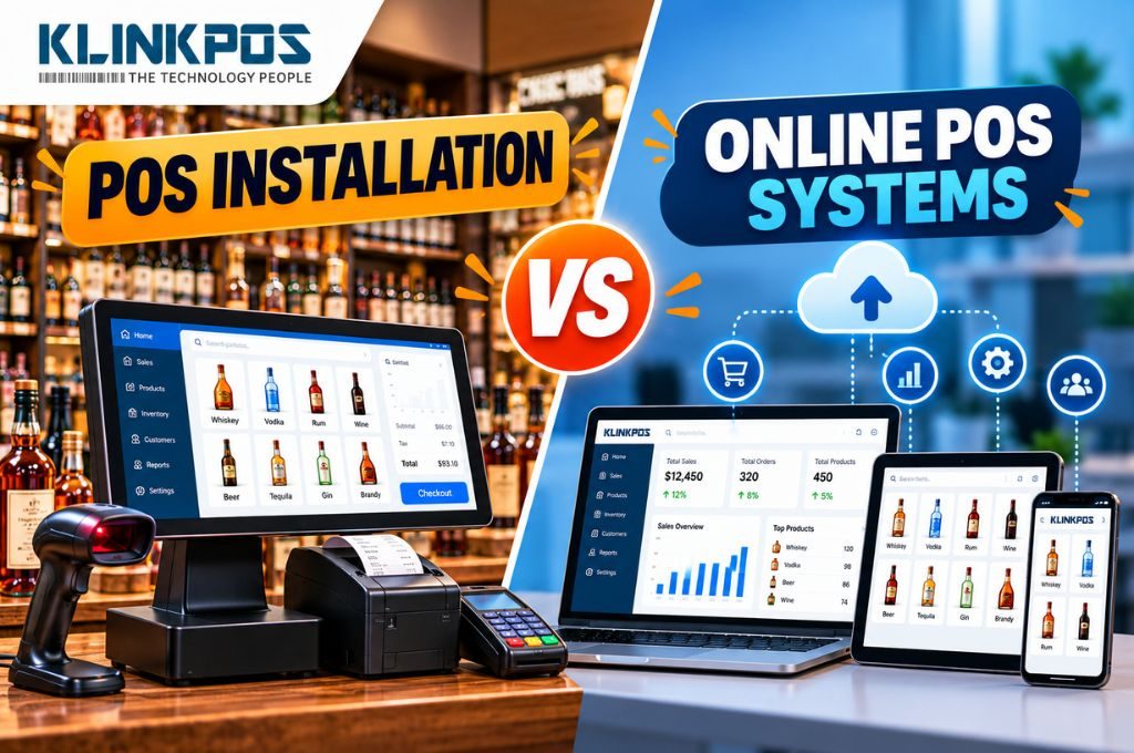 An in-store POS terminal with barcode scanner and receipt printer compared with a cloud-based KlinkPOS dashboard on a laptop, tablet and phone