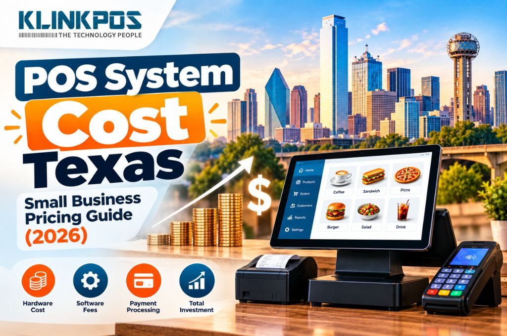 Stacks of coins beside a KlinkPOS touchscreen terminal and card reader, with icons for hardware cost, software fees, payment processing and total investment, and the Dallas skyline