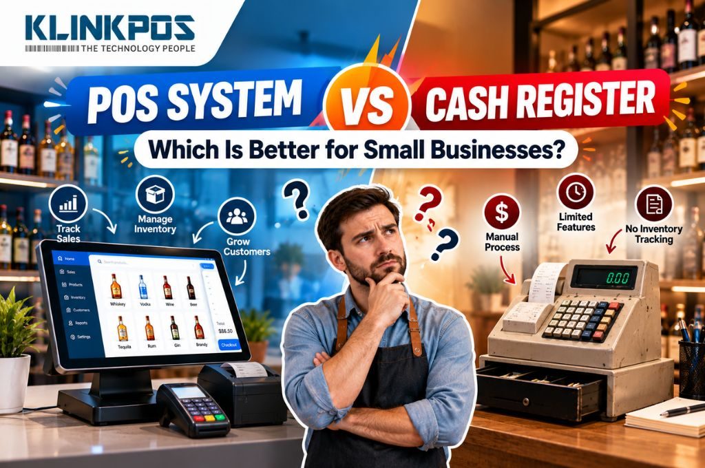 A thoughtful store owner between a modern POS terminal that tracks sales and inventory and an old cash register limited to manual processes